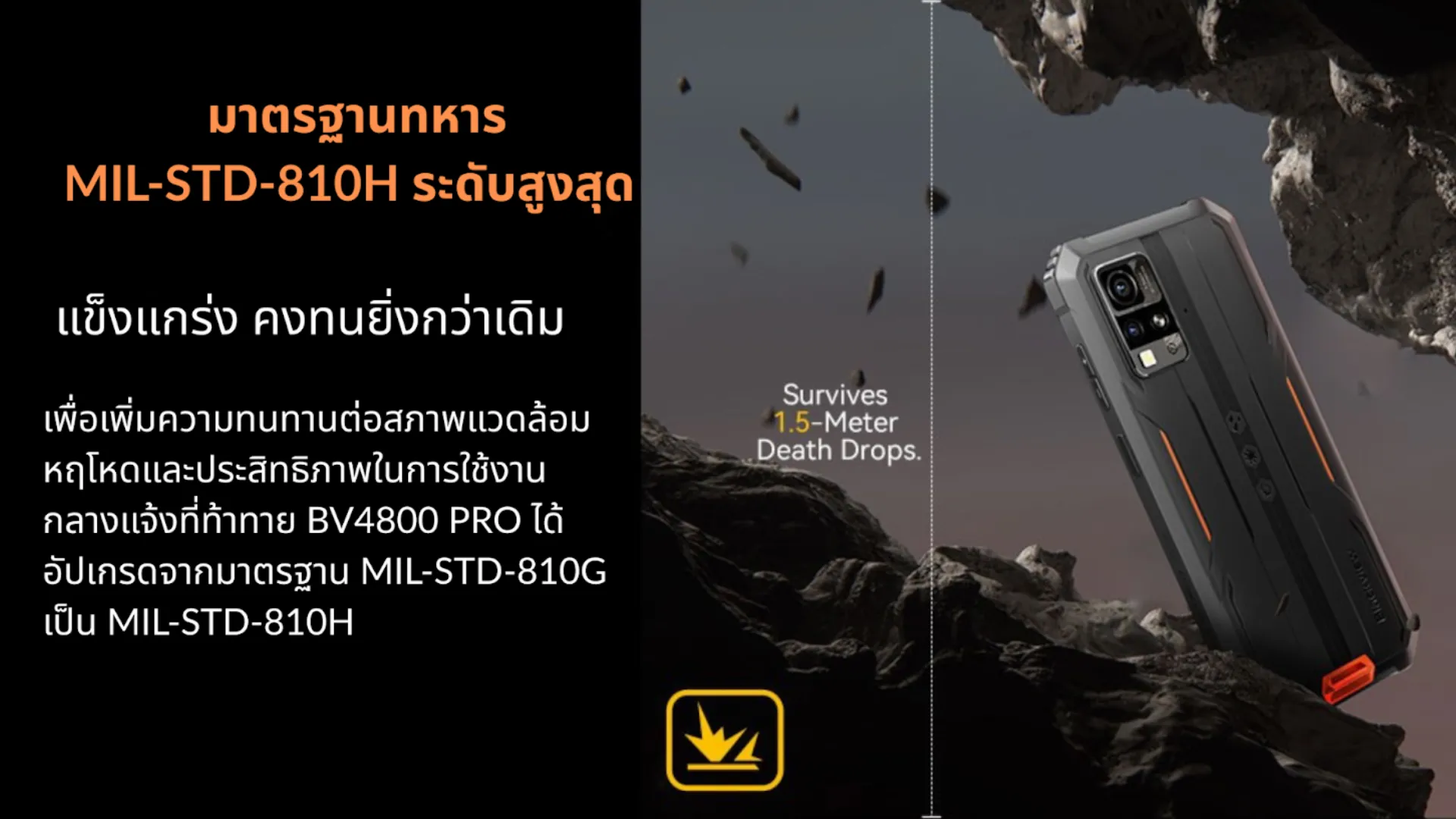 Blackview BV4800 Pro (หน้าจอ 6.56 นิ้ว) น้องเล็กสายลุยราคาประหยัด สำหรับผู้ที่ต้องการเริ่มต้นใช้งานในงบประมาณสบายกระเป๋า ได้ฟีเจอร์กันกระแทกมาตรฐานกองทัพ MIL-STD-810H และกันน้ำ IP68/IP69K พื้นฐานครบถ้วน แบตเตอรี่ขนาด 5,180 mAh ลุยได้ยาวนานตลอดวัน