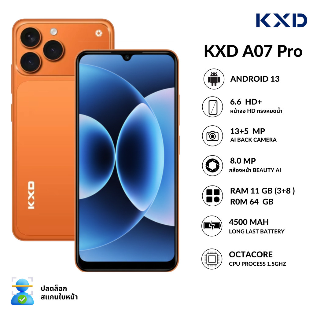 มือถืองบไม่เกิน 5,000 สมาร์ทโฟน KXD A07 Pro ( หน้าจอ 6.6 นิ้ว ) สมาร์ทโฟนตัวอัปเกรดความแรงในตระกูล KXD A07 ที่มาพร้อมหน้าจอสัมผัสขนาด 6.6 นิ้ว ลื่นไหลเป็นพิเศษด้วยรีเฟรชเรท 90Hz และฟังก์ชันหน้าจอ Dynamic Port ตอบโจทย์ทุกการใช้งานได้อย่างครบครัน ไม่ว่าจะเป็นการเล่นเกม ดูหนัง เล่นโซเชียลมีเดีย หรือแอปฯ ธนาคารก็สแกนจ่ายได้รวดเร็วทันใจ ขับเคลื่อนด้วยชิปแรง 8 แกน (Octa-core) คู่กับ RAM 11GB พร้อมระบบลำโพงคู่สเตริโอ DTS มอบพลังเสียงกระหึ่มสมจริง ดีไซน์หรูหราทันสมัย ตัวเครื่องฝาหลังเป็นประกายเงางาม มั่นใจด้วยเครื่องศูนย์ไทยแท้ รับประกันนาน 1 ปีเต็ม