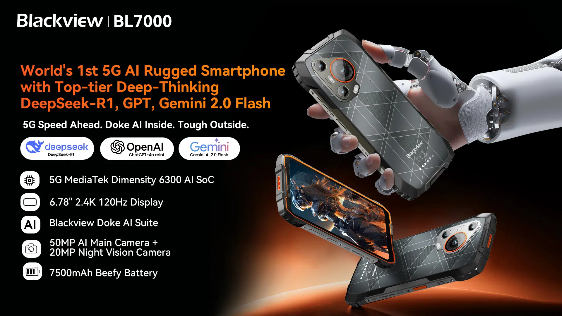เปรียบเทียบ Blackview BL7000 (ตัวท็อปสายสปีด รองรับ 5G เพื่องานระดับโปร) สมาร์ทโฟน Blackview BL7000 คือรุ่นเรือธง (Flagship) ของกลุ่มผลิตภัณฑ์นี้ โดยเป็นรุ่นเดียวที่ก้าวข้ามมาใช้เทคโนโลยีเครือข่าย 5G ความเร็วสูง จัดเต็มสเปคระดับสูงสุดด้วยหน้าจอขนาดใหญ่ 6.78 นิ้ว ที่มาพร้อมอัตรารีเฟรชเรตสูงถึง 240Hz เพื่อการตอบสนองที่ลื่นไหลที่สุด เสริมความหรูหราด้วยบอดี้เมทัลลิกพรีเมียม และความจุ RAM 8+16GB กับ ROM 256GB